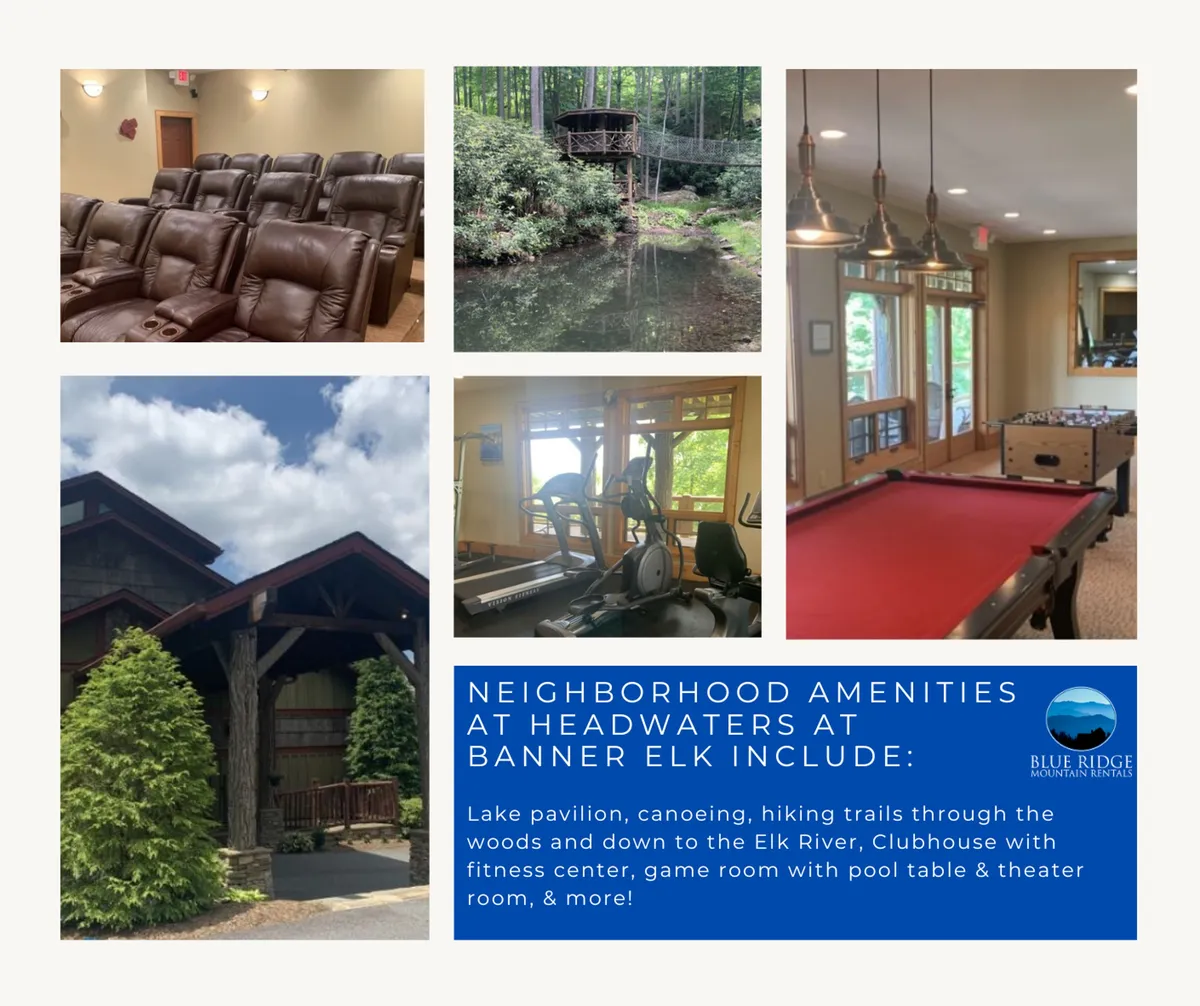 A vibrant clubhouse interior featuring theater seating for movie nights, a fitness area, and a well-lit game room with options for pool, ping pong, and foosball. Large windows reveal inviting outdoor views, blending inside and outside recreation.